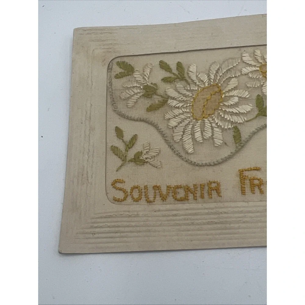 VTG White Yellow Flowers Embroidered Postcard 1918 Souvenir From France Ephemera
